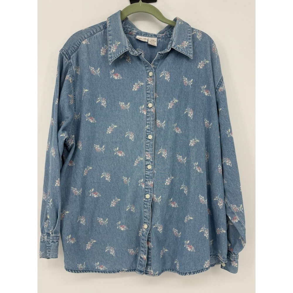 Floral Chambray Button Up Shirt Womens 22W Cottagecore Prairie Western Boho Soft